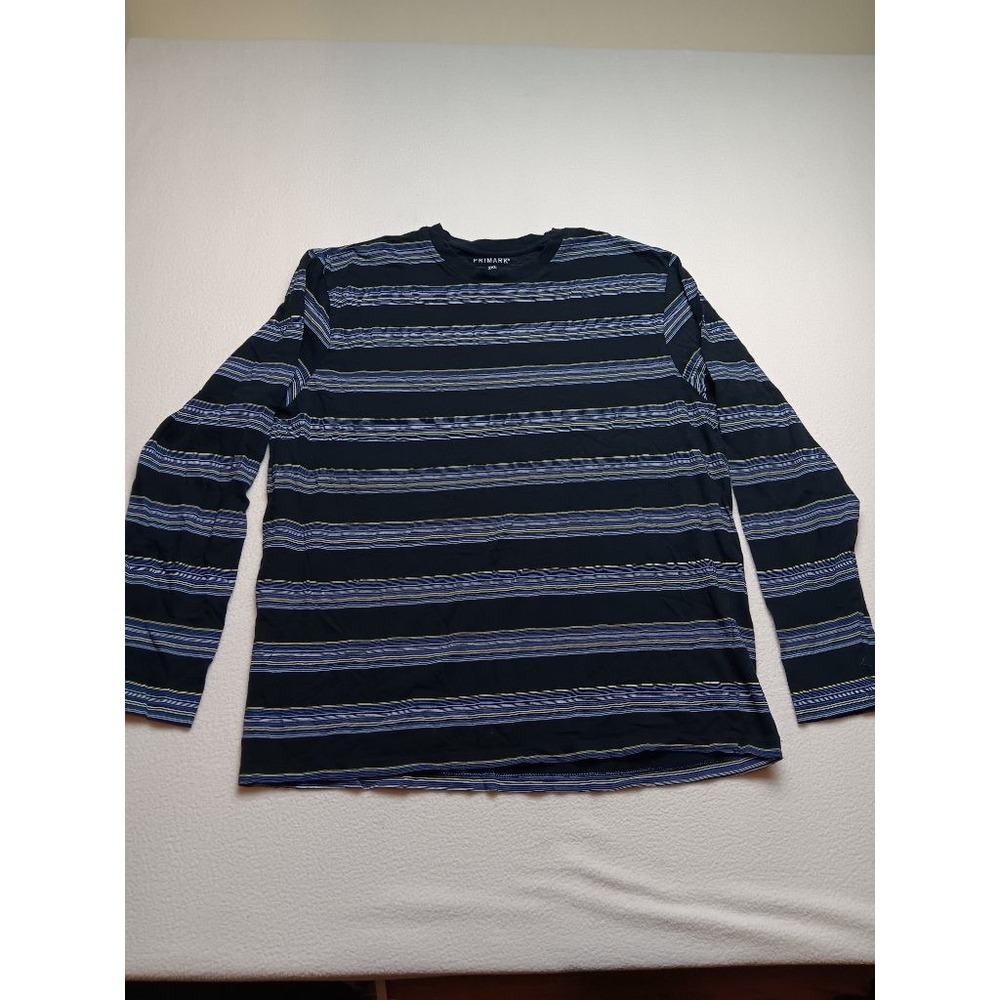 Primark Mens 2XL Long Sleeve Striped T-Shirt Navy Blue Yellow Crew Neck Cotton